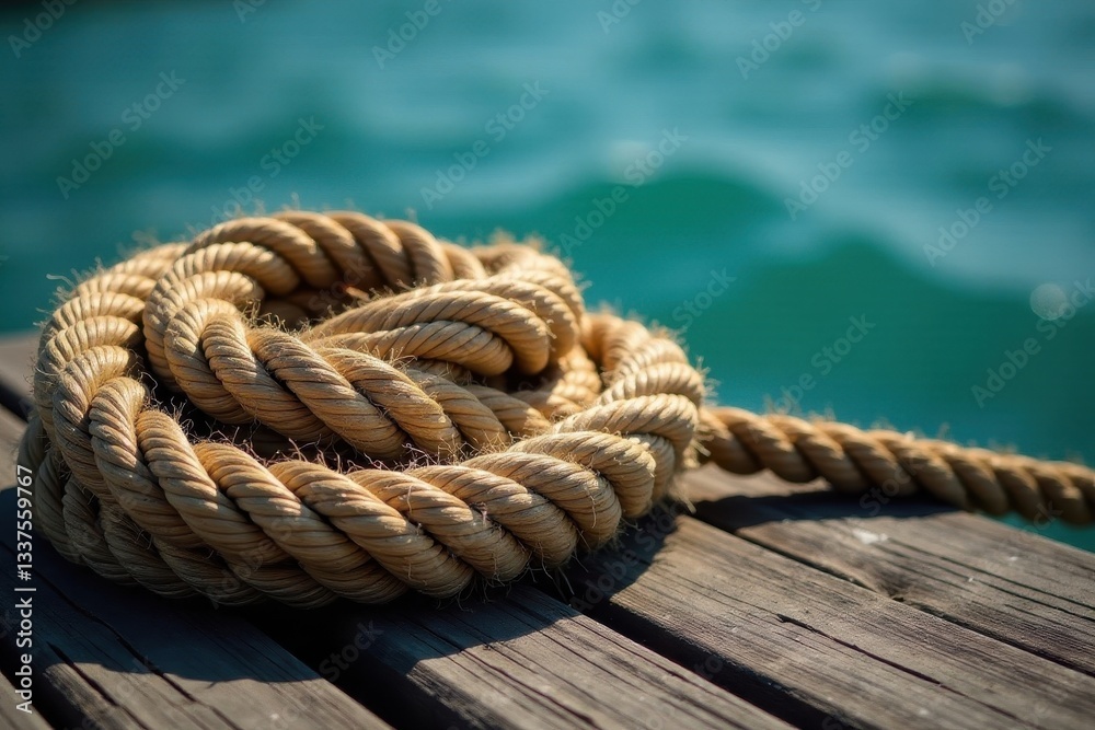 Thick, weathered ropes coiled on dock; frayed fibers visible , pier, worn, coiled Thick, weathered ropes coiled on dock; frayed fibers visible , pier, worn, coiled