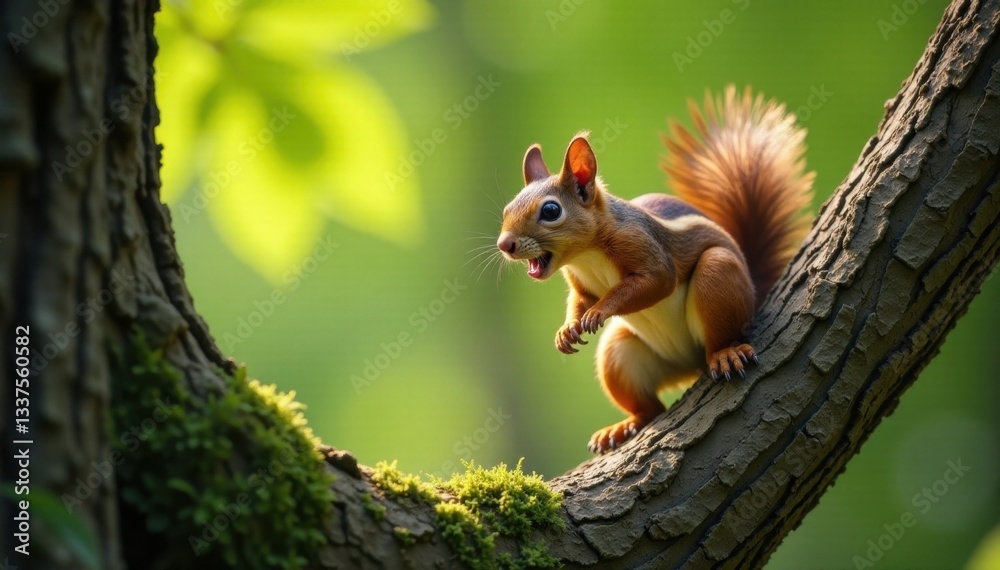 Squirrel leaps to a tree branch, claws gripping bark, closeup, mammal Squirrel leaps to a tree branch, claws gripping bark, closeup, mammal