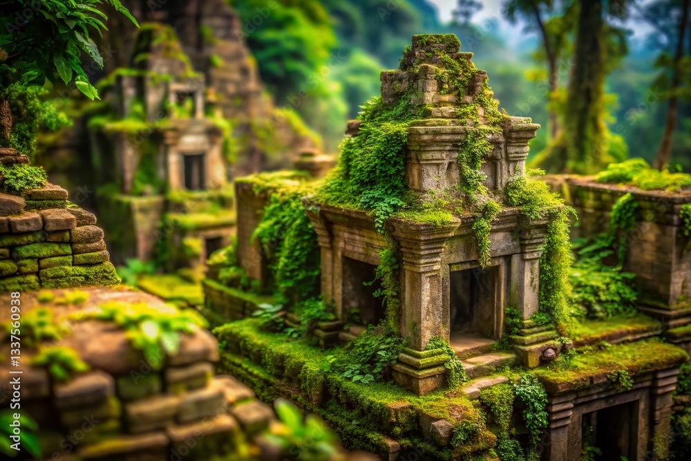 Fototapeta premium Ancient Stone Ruins Overgrown by Lush Jungle: Tilt-Shift Miniature Photography