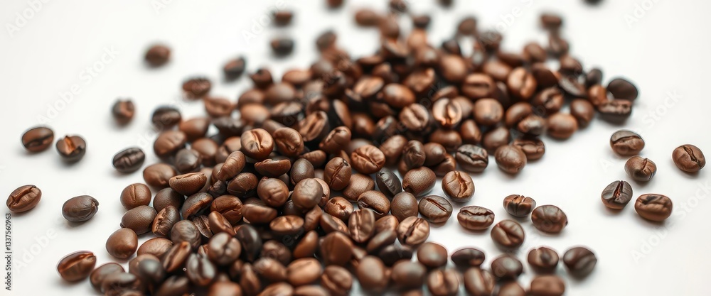 Close-up of roasted coffee beans scattered on a pristine white surface, vibrant, dark Close-up of roasted coffee beans scattered on a pristine white surface, vibrant, dark