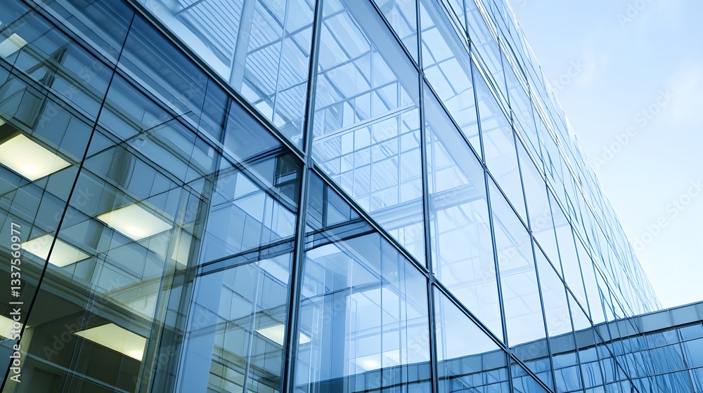 Contemporary Glass Building Facade with Reflections Under a Clear Blue Sky Contemporary Glass Building Facade with Reflections Under a Clear Blue Sky