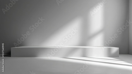 Minimalist white platform with sunlight shadows.