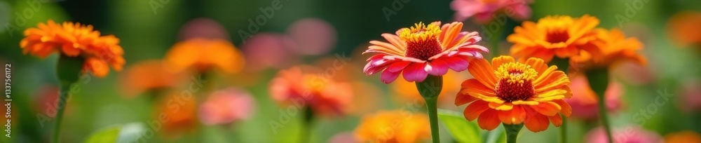 Vibrant orange & pink zinnias blooming in summer garden , summer garden, nature Vibrant orange & pink zinnias blooming in summer garden , summer garden, nature