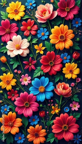 Vibrant, densely packed floral arrangement creates a full, unbroken pattern , vibrant, seamless floral, background