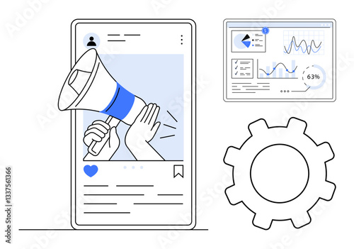 Mobile post with megaphone, analytical dashboard tracking metrics, large gear for operational process. Ideal for marketing, analytics, engagement, media planning, strategy execution, optimization
