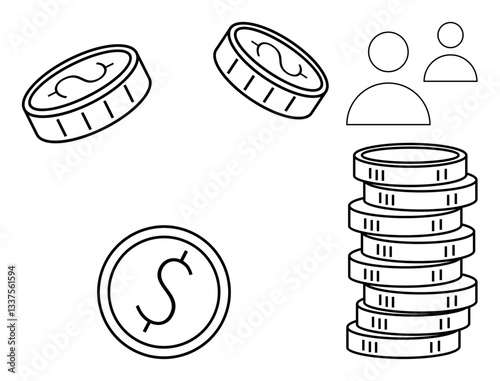 Coins in various positions and a stacked pile next to people icons. Ideal for finance, investment, wealth management, saving, money-related education, teamwork, strategy. Flat simple metaphor