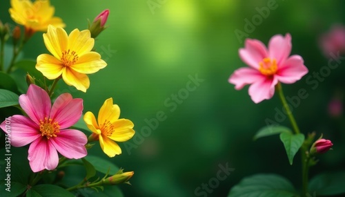 Vibrant pink & yellow blooms, lush green backdrop, greeting card, beautiful