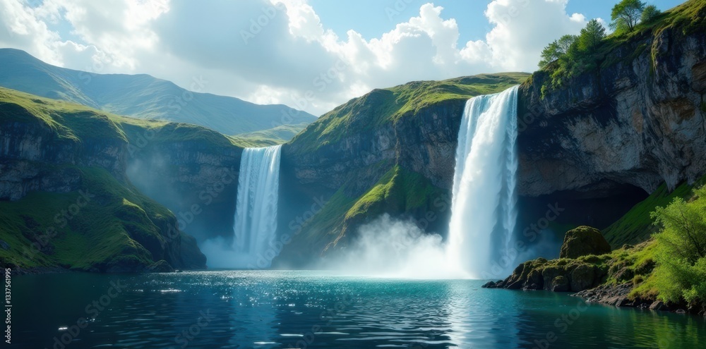 Naklejka premium Steep cliff face, multiple tiered falls plunging into a lake , dramatic, tiers