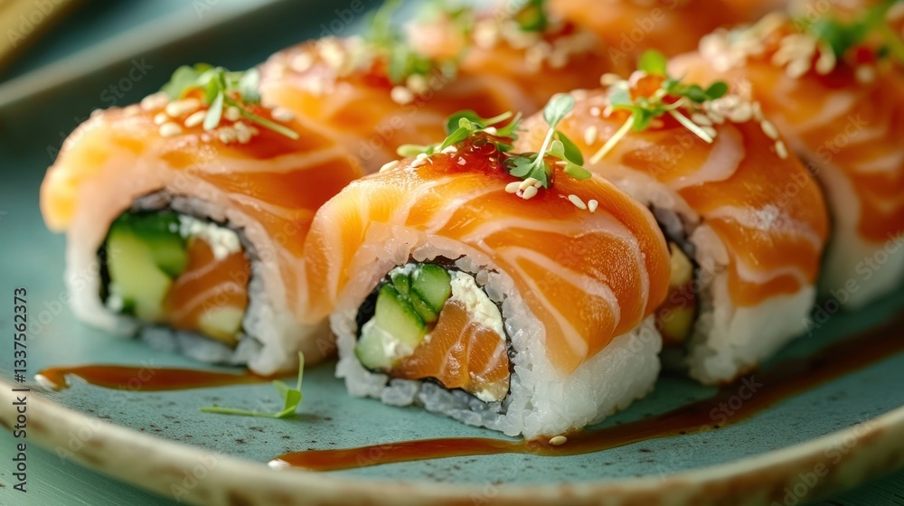 Fresh salmon sushi rolls, a delectable array of flavorful rolls, adorned with vibrant ingredients. A close-up showcases the artful presentation and rich colors Fresh salmon sushi rolls, a delectable array of flavorful rolls, adorned with vibrant ingredients. A close-up showcases the artful presentation and rich colors