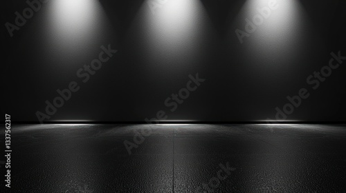 Dark room with three spotlights illuminating a floor.