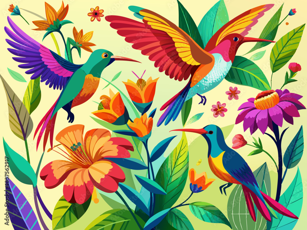 Naklejka premium vector of beautiful vibrant colored humming birds flying and loving on a flower nectar