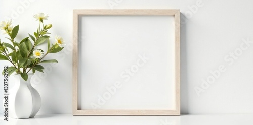 Whitewashed wood photo frame against white wall Simple, empty frame , light background, shabby, frame hanging