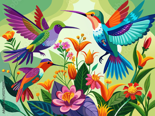 vector of  beautiful vibrant colored humming birds flying and loving on a flower nectar