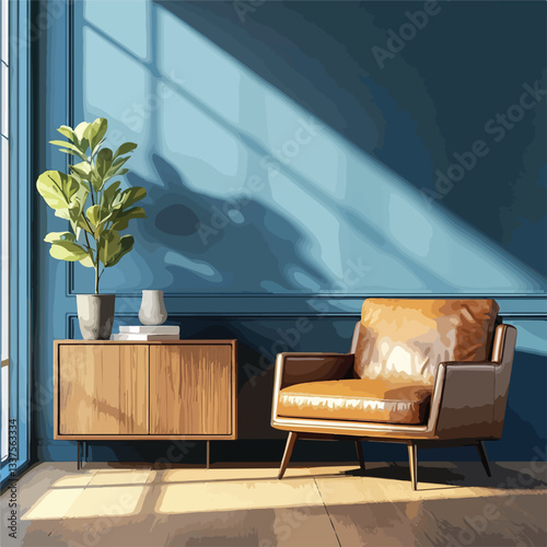 Luxurious Modern Mid Century Living Room Interior with Leather Furniture