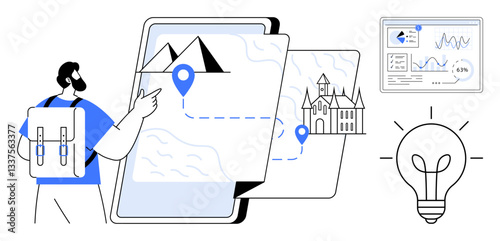 Traveler with backpack exploring digital maps featuring mountain and castle routes, analytics on the screen, and a light bulb icon symbolizing new ideas. Ideal for travel, innovation, strategy