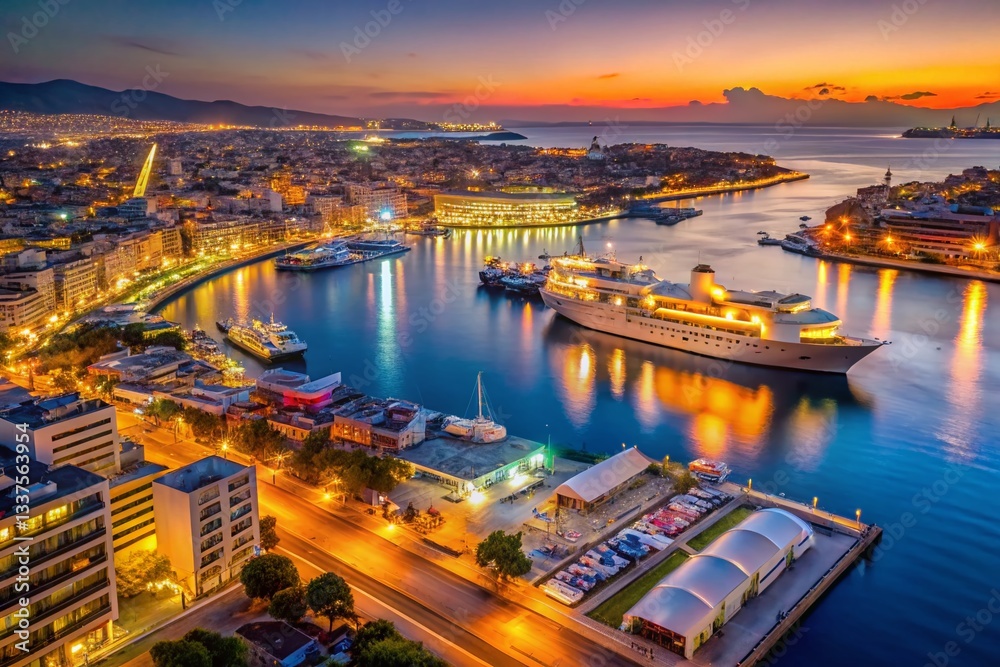 Naklejka premium Athens Piraeus Harbor Aerial Night View: Ferry Boats & Tourist Hub