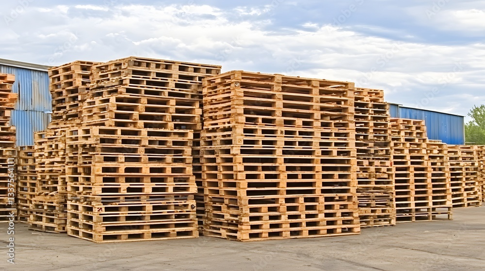 Stacks of Wooden Pallets in an Industrial Warehouse Under Blue Sky with Clouds and Natural Light Stacks of Wooden Pallets in an Industrial Warehouse Under Blue Sky with Clouds and Natural Light