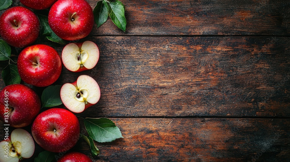 Red apples with leaves on dark wood background. Red apples with leaves on dark wood background.