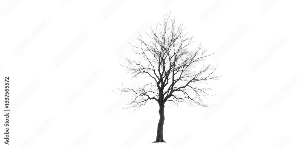 Obraz premium Lone deciduous tree, stark branches against pure white, artwork, graphic