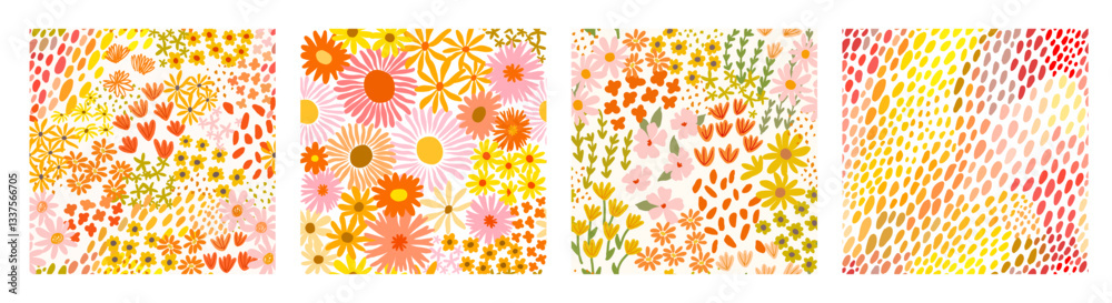 Set of seamless ditsy patterns with various wild meadow flowers. Сolourful cute floral summer backgrounds. Lovely design for wrapping, textile, cover, print, banner, greeting card, label, wallpaper.	

