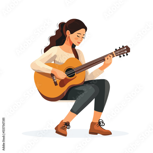 Talented Female Musician Playing Acoustic Guitar Vector Illustration