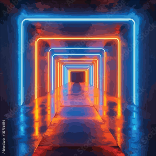 Neon Glowing Blue Orange Cyber Retro Sci Fi Future Illustration