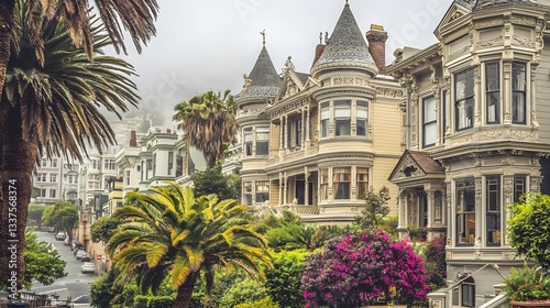 Wallpaper Mural Victorian Architecture with Palm Trees and Colorful Flowers on a Foggy Day in San Francisco Torontodigital.ca