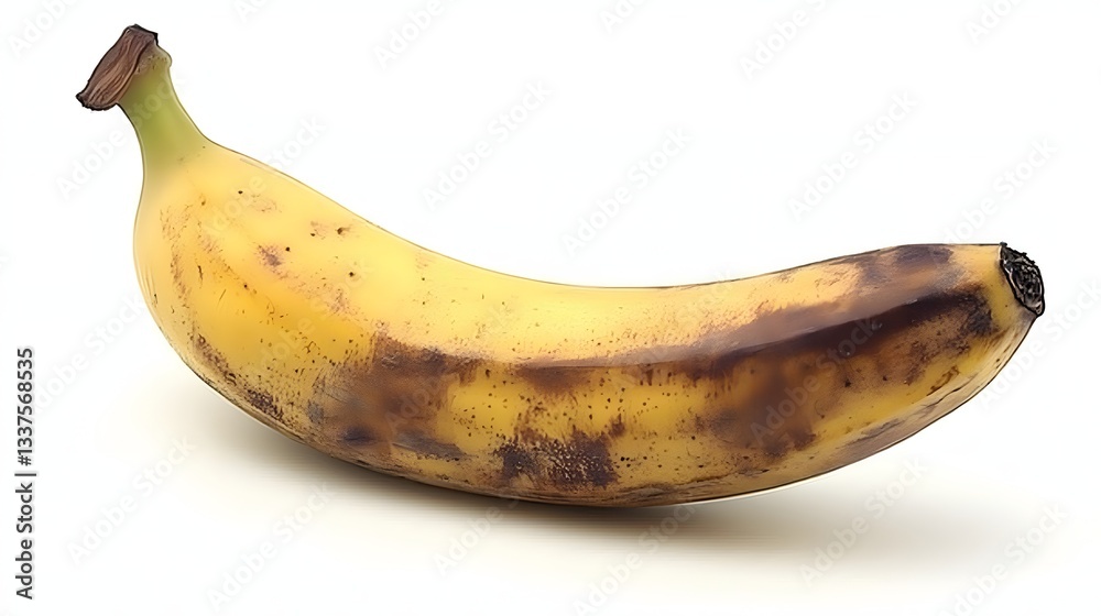 Ripe Yellow Banana with Brown Spots on a Plain White Background Ripe Yellow Banana with Brown Spots on a Plain White Background
