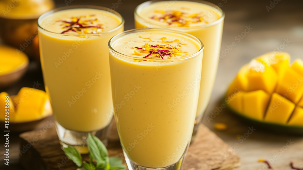 A delicious mango lassi made with yogurt and milk, garnished with saffron strands A delicious mango lassi made with yogurt and milk, garnished with saffron strands