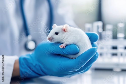 Laboratory technician conducts research with white lab rat in scientific setting