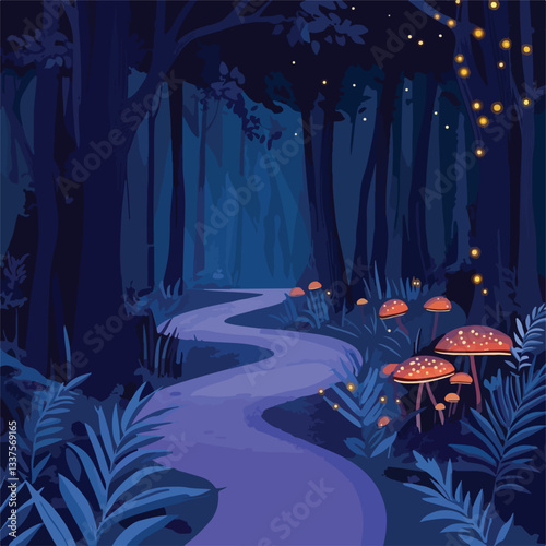 Enchanting Night Forest Landscape with Trees and Illuminated Road