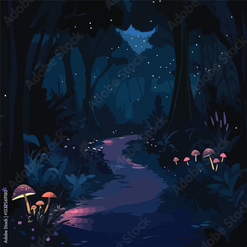 Enchanting Night Forest Landscape with Trees and Illuminated Road