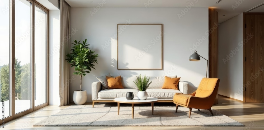 Obraz premium Minimalist living room with sleek furniture and geometric rug, cozy, contemporary