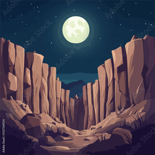 Majestic Night Landscape with Cliff and Mountain Canyon Under Starry Sky