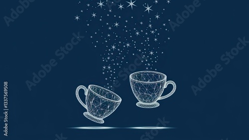 Coffee cup. Tea cup. Vector polygonal image in the form of a starry sky or space, consisting of points, lines, and shapes in the form of stars with destruct shapes 