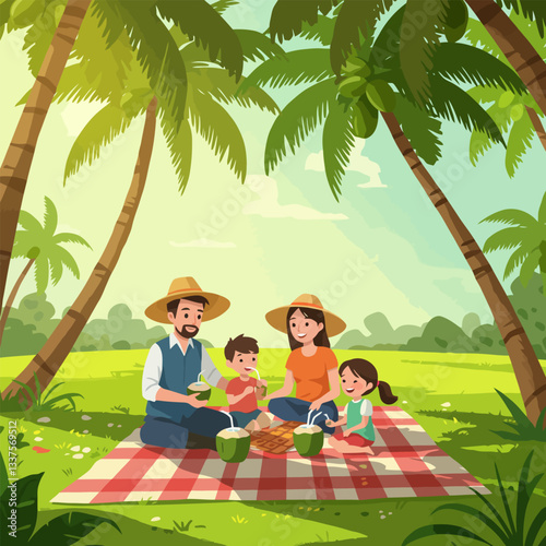 Family Enjoying Picnic Under Palm Trees While Drinking Coconut Water