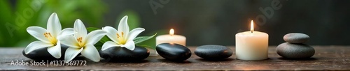 Minimalist spa arrangement with white lilies, candles, and stones, tranquil, balance