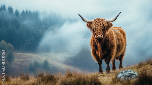Highland cow with long shaggy hair standing on a misty hillside, dramatic landscape in the background