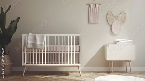 Minimalist Nursery with Modern Crib and Warm Decorative Elements in Soft Neutral Tones