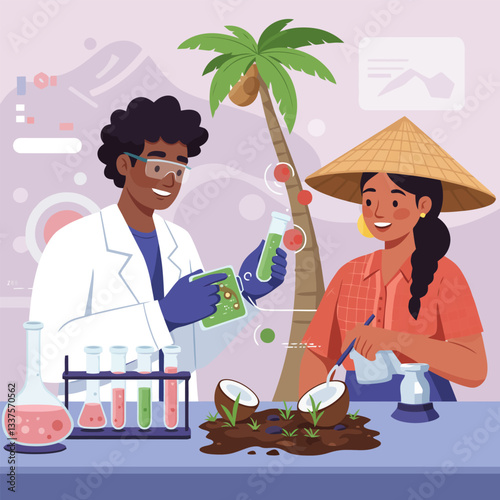 Scientist Analyzing Coconut Plant Growth with Farmer in Field