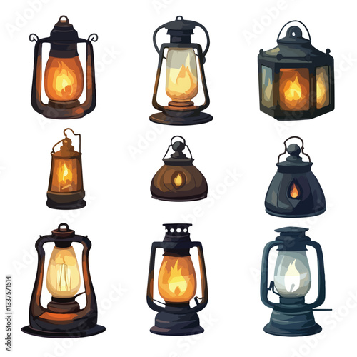 Vintage Oil and Gas Lamp with Flame Cartoon Vector Illustration