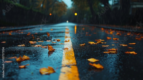 Wallpaper Mural Empty rain-wet road lined with fallen autumn leaves, vivid yellow stripes glowing against dark pavement, calm reflective vibe Torontodigital.ca