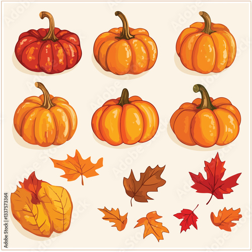 Vibrant Autumn Scene with Orange Pumpkins and Leaves on Beige Background
