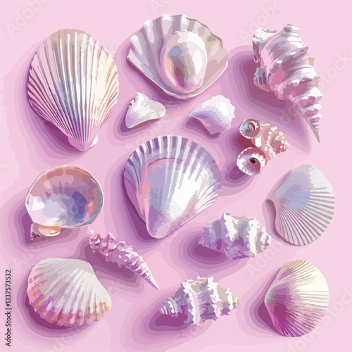 Iridescent Seashell Collection Flat Lay Image