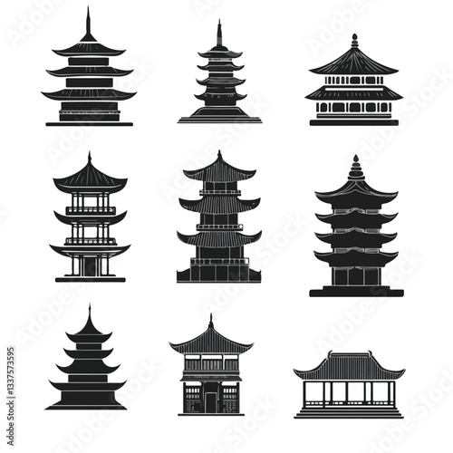 Japanese Chin Pagoda Silhouette Black Icons Set for Creative Designs