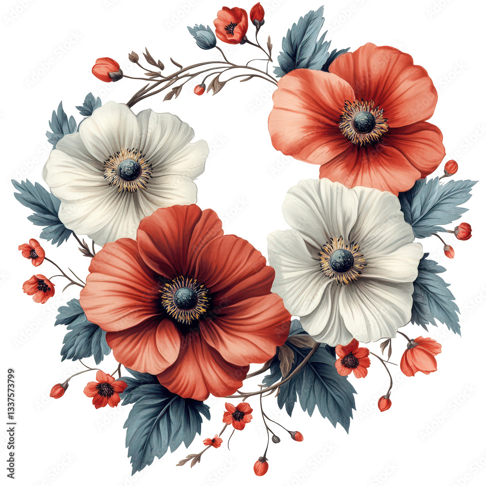 Elegant floral wreath with red and white poppies illustration for invitations Elegant floral wreath with red and white poppies illustration for invitations