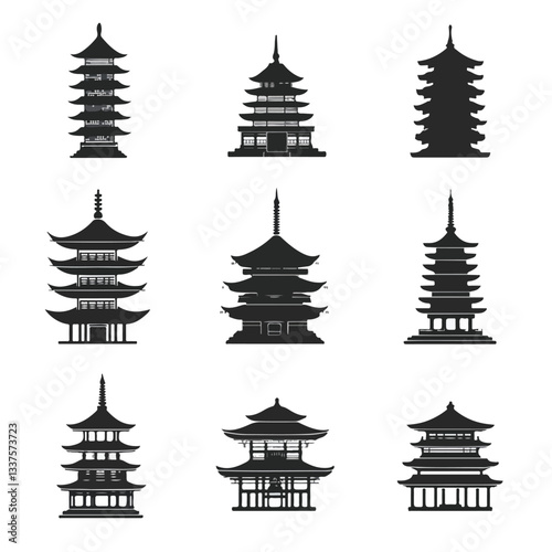 Japanese Chin Pagoda Silhouette Black Icons Set for Creative Designs