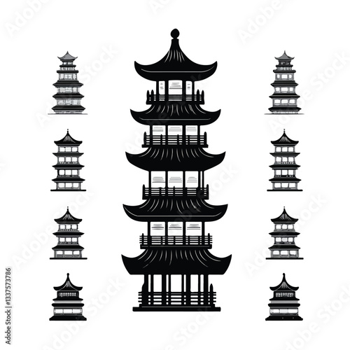 Japanese Chin Pagoda Silhouette Black Icons Set for Creative Designs