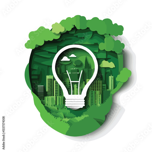 Eco-Friendly Light Bulb Paper Cutout with Green Eco City Illustration