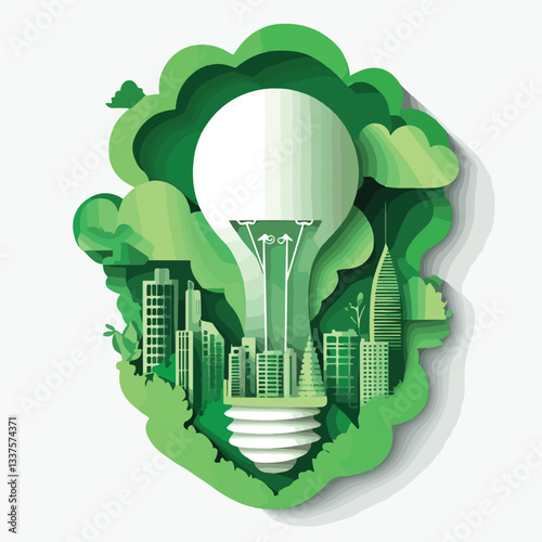 Eco-Friendly Light Bulb Paper Cutout with Green Eco City Illustration